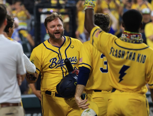 Former White Sox player A.J. Pierzynski is introduced in the Savannah Bananas lineup in the sixth inning against the Firefighters on Aug. 15, 2025, at Rate Field. (John J. Kim/Chicago Tribune)