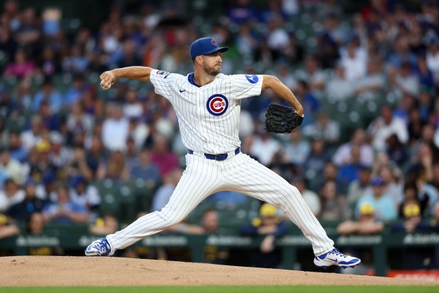 Chicago Cubs pitcher Colin Rea (53) pitches during the first inning against the Milwaukee Brewers at Wrigley Field on Wednesday, Aug. 20, 2025, in Chicago. (Armando L. Sanchez/Chicago Tribune)