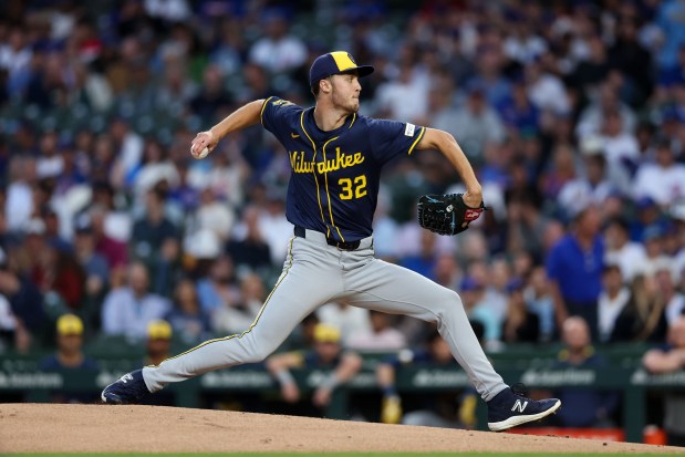 Milwaukee Brewers pitcher Jacob Misiorowski (32) pitches during the first inning against the Chicago Cubs at Wrigley Field on Wednesday, Aug. 20, 2025, in Chicago. (Armando L. Sanchez/Chicago Tribune)