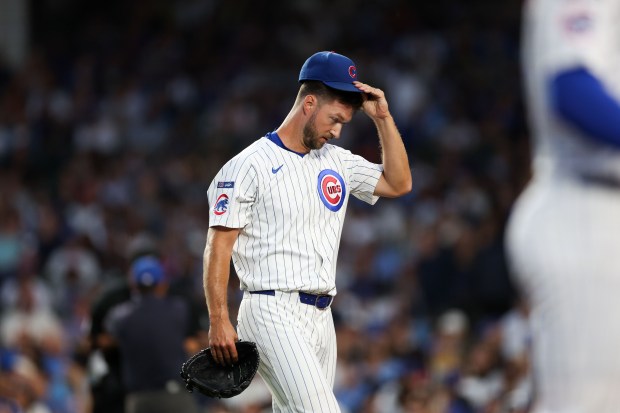 Chicago Cubs pitcher Colin Rea (53) walks to the dugout after pitching during the second inning against the Milwaukee Brewers at Wrigley Field on Wednesday, Aug. 20, 2025, in Chicago. (Armando L. Sanchez/Chicago Tribune)