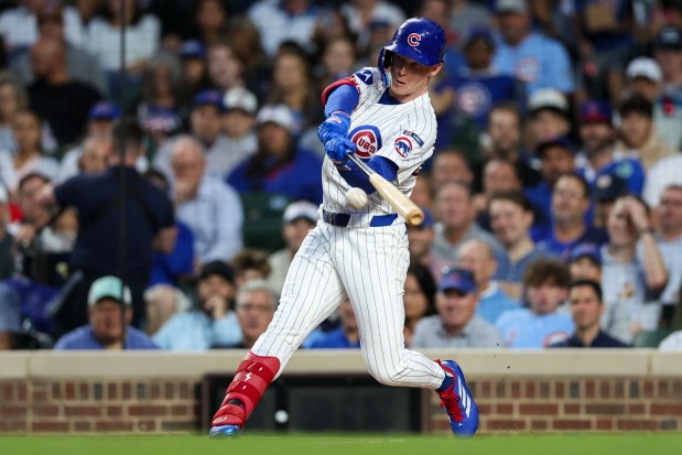 Chicago Cubs outfielder Pete Crow-Armstrong (4) hits a ground-out during the second inning against the Milwaukee Brewers at Wrigley Field on Wednesday, Aug. 20, 2025, in Chicago. (Armando L. Sanchez/Chicago Tribune)