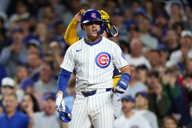Chicago Cubs third baseman Matt Shaw (6) yells after getting walked during the third inning against the Milwaukee Brewers at Wrigley Field on Wednesday, Aug. 20, 2025, in Chicago. (Armando L. Sanchez/Chicago Tribune)