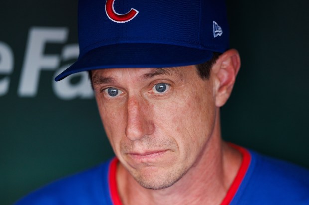 Chicago Cubs manager Craig Counsell talks with members of the press before the Cubs play the Milwaukee Brewers at Wrigley Field on Wednesday, Aug. 20, 2025, in Chicago. (Armando L. Sanchez/Chicago Tribune)