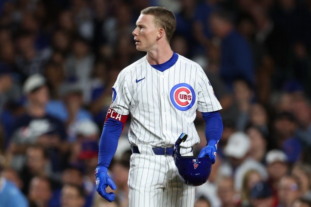 Chicago Cubs outfielder Pete Crow-Armstrong (4) walks on the field after striking out during the third inning against the Milwaukee Brewers at Wrigley Field on Wednesday, Aug. 20, 2025, in Chicago. (Armando L. Sanchez/Chicago Tribune)