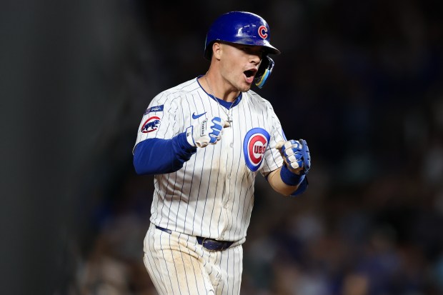 Chicago Cubs third baseman Matt Shaw (6) runs the bases after hitting a solo home run during the eighth inning against the Milwaukee Brewers at Wrigley Field on Wednesday, Aug. 20, 2025, in Chicago. (Armando L. Sanchez/Chicago Tribune)