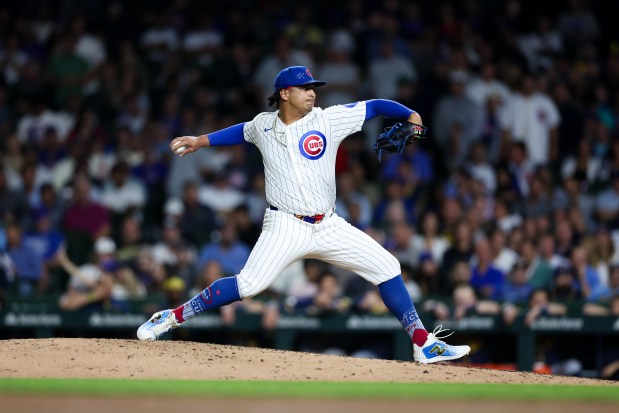 Chicago Cubs pitcher Daniel Palencia (48) pitches during the ninth inning against the Milwaukee Brewers at Wrigley Field on Wednesday, Aug. 20, 2025, in Chicago. (Armando L. Sanchez/Chicago Tribune)
