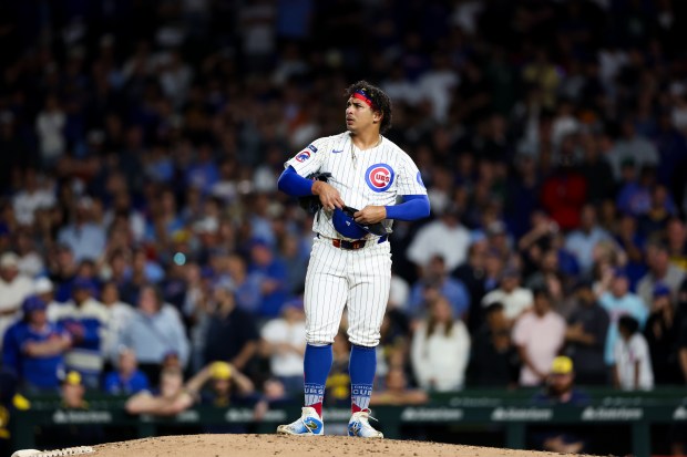 Chicago Cubs pitcher Daniel Palencia (48) stands on the mound while pitching during the ninth inning against the Milwaukee Brewers at Wrigley Field on Wednesday, Aug. 20, 2025, in Chicago. (Armando L. Sanchez/Chicago Tribune)