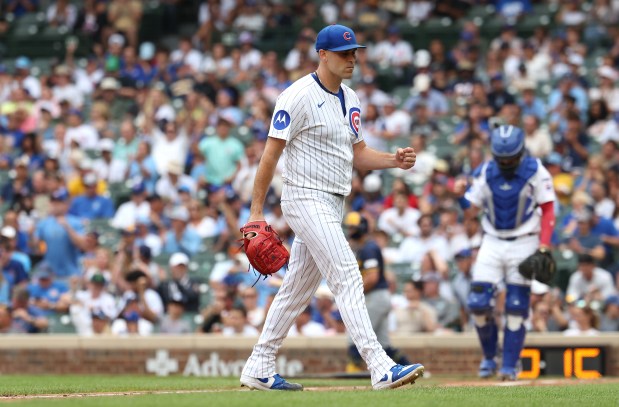 Chicago Cubs starting pitcher Matthew Boyd celebrates after closing out the Milwaukee Brewers in the fifth inning of Game 1 of a doubleheader at Wrigley Field in Chicago on Aug. 19, 2025. (Chris Sweda/Chicago Tribune)