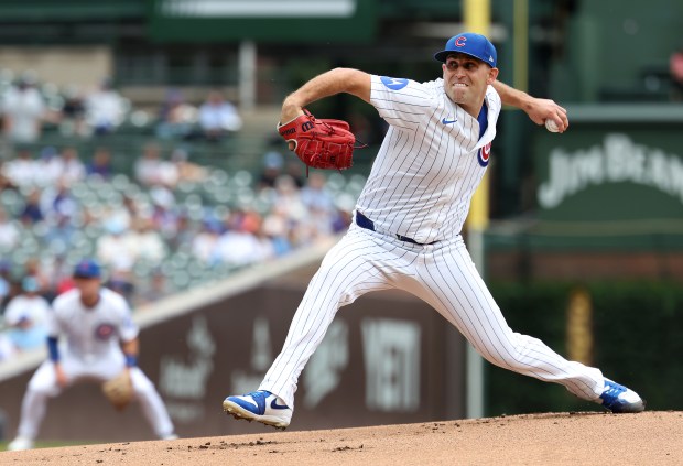 Chicago Cubs starting pitcher Matthew Boyd delivers to the Milwaukee Brewers in the first inning of game 1 of a double header at Wrigley Field in Chicago on Aug. 19, 2025. (Chris Sweda/Chicago Tribune)