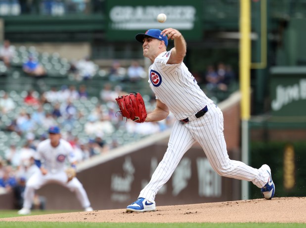 Chicago Cubs starting pitcher Matthew Boyd delivers to the Milwaukee Brewers in the first inning of Game 1 of a doubleheader at Wrigley Field in Chicago on Aug. 19, 2025. (Chris Sweda/Chicago Tribune)