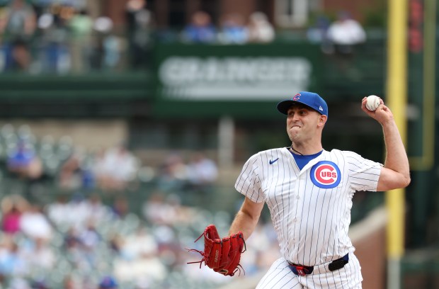 Chicago Cubs starting pitcher Matthew Boyd delivers to the Milwaukee Brewers in the first inning of Game 1 of a doubleheader at Wrigley Field in Chicago on Aug. 19, 2025. (Chris Sweda/Chicago Tribune)