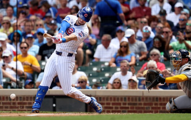 Chicago Cubs right fielder Kyle Tucker grounds out in the third inning of a game against the Milwaukee Brewers at Wrigley Field in Chicago on Aug. 21, 2025. (Chris Sweda/Chicago Tribune)