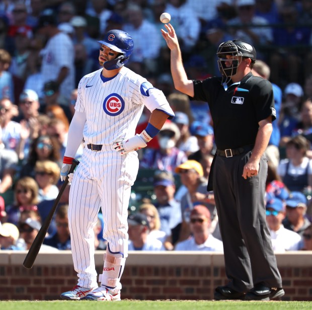 Chicago Cubs designated hitter Seiya Suzuki reacts after striking out in the seventh inning of a game against the Milwaukee Brewers at Wrigley Field in Chicago on Aug. 21, 2025. (Chris Sweda/Chicago Tribune)