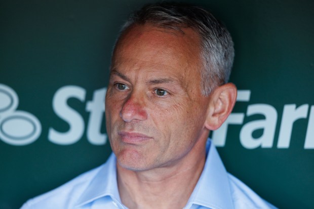 Cubs President Jed Hoyer speaks with reporters before a game against the Guardians on Tuesday, July 1, 2025, at Wrigley Field. (Armando L. Sanchez/Chicago Tribune)