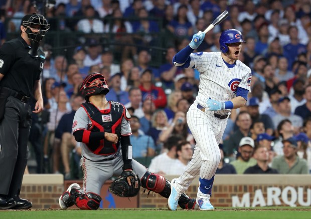 Chicago Cubs left fielder Ian Happ reacts as he flies out to end the third inning of a game against the Cincinnati Reds at Wrigley Field in Chicago on Aug. 5, 2025. (Chris Sweda/Chicago Tribune)