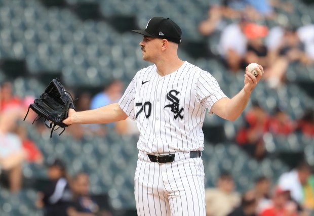 White Sox pitcher Tyler Alexander waits for the plate umpire to allow him to warm up in the third inning against the Phillies on July 30, 2025, at Rate Field. (John J. Kim/Chicago Tribune)