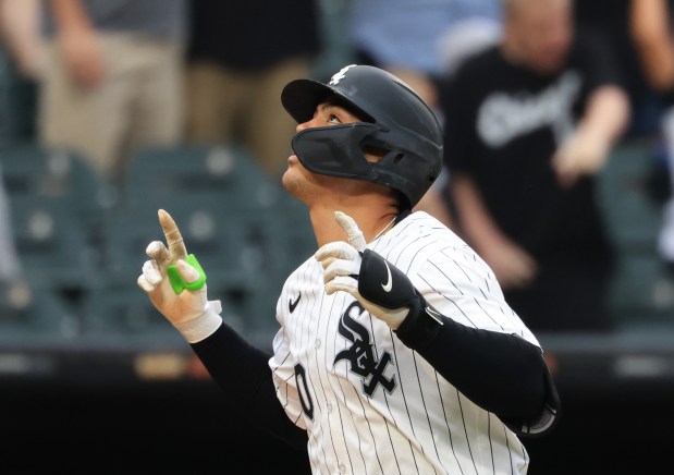 White Sox first baseman Miguel Vargas celebrates on his way home after hitting a three-run home run in the seventh inning against the Phillies at Rate Field on July 30, 2025, in Chicago. (John J. Kim/Chicago Tribune)