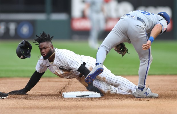 The helmet of White Sox center fielder Luis Robert Jr....