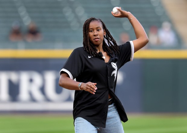 Chicago Sky guard Ariel Atkins throws out a ceremonial first pitch before a game between the Chicago White Sox and the Kansas City Royals at Rate Field in Chicago on Aug. 26, 2025. (Chris Sweda/Chicago Tribune)