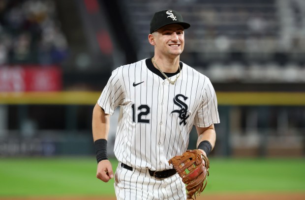 Chicago White Sox shortstop Colson Montgomery (12) runs in to the dugout after the Sox shut down the Kansas City Royals in the sixth inning of a game at Rate Field in Chicago on Aug. 26, 2025. (Chris Sweda/Chicago Tribune)