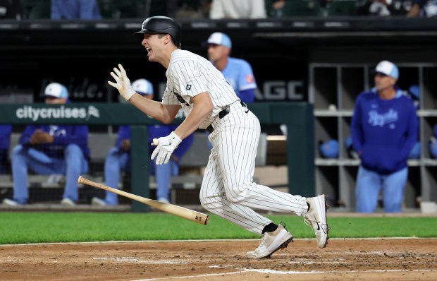 Chicago White Sox catcher Kyle Teel runs to first base on a run-scoring single in the sixth inning of a game against the Kansas City Royals at Rate Field in Chicago on Aug. 26, 2025. (Chris Sweda/Chicago Tribune)
