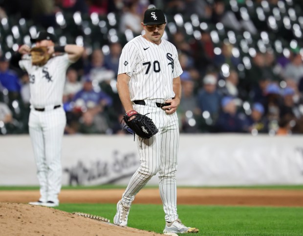 Chicago White Sox relief pitcher Tyler Alexander (70) walks off the mound after giving up a two-run single to Kansas City Royals hitter Michael Massey in the ninth inning of a game at Rate Field in Chicago on Aug. 26, 2025. (Chris Sweda/Chicago Tribune)