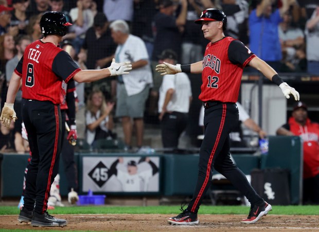 Chicago White Sox shortstop Colson Montgomery is congratulated by teammate Kyle Teel (left) after Montgomery hit a two-run home run in the fifth inning of a game against the Minnesota Twins at Rate Field in Chicago on Aug. 22, 2025. (Chris Sweda/Chicago Tribune)