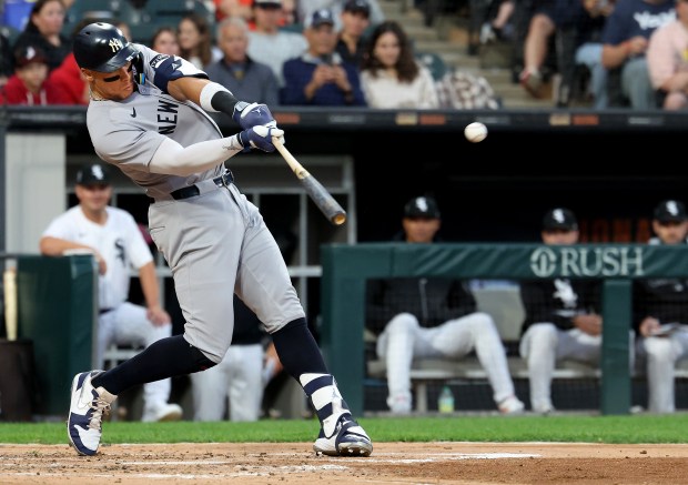 New York Yankees designated hitter Aaron Judge hits a solo home run in the fourth inning of a game against the Chicago White Sox at Rate Field in Chicago on Aug. 30, 2025. (Chris Sweda/Chicago Tribune)