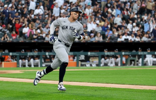New York Yankees designated hitter Aaron Judge rounds the bases after hitting a solo home run in the fourth inning of a game against the Chicago White Sox at Rate Field in Chicago on Aug. 30, 2025. (Chris Sweda/Chicago Tribune)
