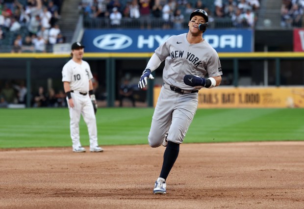 New York Yankees designated hitter Aaron Judge rounds the bases after being driven in on a two-run home run by teammate Cody Bellinger in the first inning of a game against the Chicago White Sox at Rate Field in Chicago on Aug. 28, 2025. (Chris Sweda/Chicago Tribune)