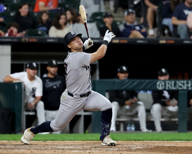 New York Yankees shortstop Anthony Volpe drives in a run on a double in the 11th inning of a game against the Chicago White Sox at Rate Field in Chicago on Aug. 30, 2025. (Chris Sweda/Chicago Tribune)