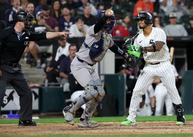 Chicago White Sox first baseman Lenyn Sosa is called out on strikes in the 10th inning of a game against the New York Yankees at Rate Field in Chicago on Aug. 30, 2025. (Chris Sweda/Chicago Tribune)