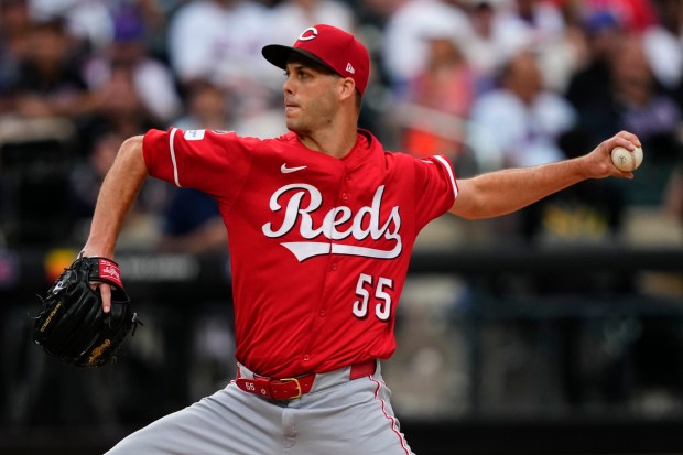 Reds pitcher Taylor Rogers throws during the sixth inning against the Mets on July 19, 2025, in New York. (AP Photo/Yuki Iwamura)