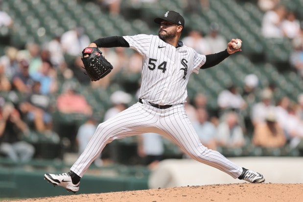 Martín Pérez #54 of the Chicago White Sox delivers a pitch against the Detroit Tigers during the fifth inning at Rate Field on Aug. 13, 2025 in Chicago, Illinois. (Photo by Michael Reaves/Getty Images)