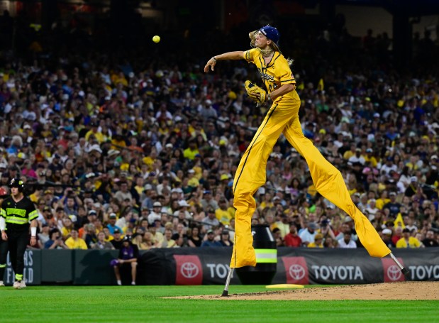 Savannah Bananas pitcher Dakota Albritton throws against the Firefighters at Coors Field on Saturday, Aug. 9, 2025, in Denver. (Andy Cross/Denver Post)