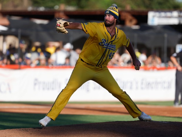 Savannah Bananas starter Ryan Kellogg delivers against the Party Animals at Excite Park on July 25, 2023, in San Jose, Calif. (Nhat V. Meyer/Bay Area News Group)