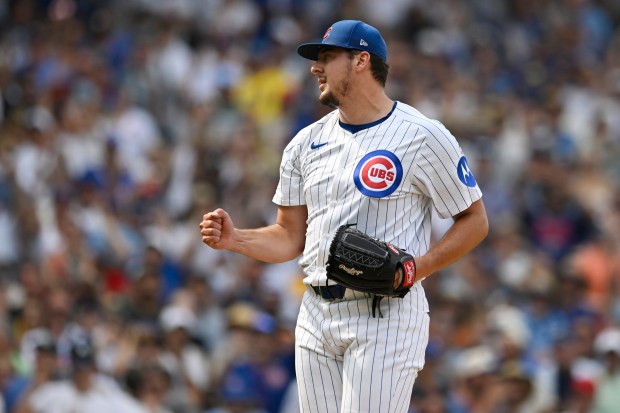 Cubs reliever Brad Keller celebrates after the final out of a 3-1 win over the Pirates on Saturday, Aug. 16, 2025, at Wrigley Field. (Paul Beaty/AP)