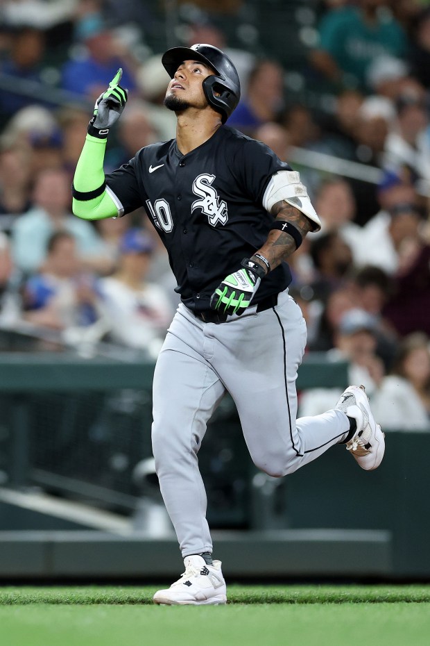 White Sox second baseman Lenyn Sosa celebrates his home run during the seventh inning against the Mariners on Wednesday, Aug. 6, 2025, in Seattle. (Steph Chambers/Getty Images)