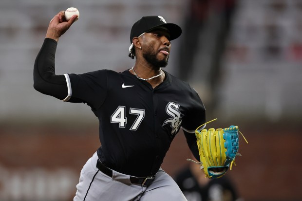 Chicago White Sox pitcher Elvis Peguero (47) delivers in the seventh inning of a baseball game against the Atlanta Braves, Tuesday, Aug. 19, 2025, in Atlanta. (AP Photo/Colin Hubbard)