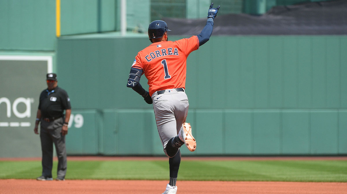 Houston Astros third baseman Carlos Correa (1) rounds the bases after hitting a home run during the fourth inning against the Boston Red Sox at Fenway Park.