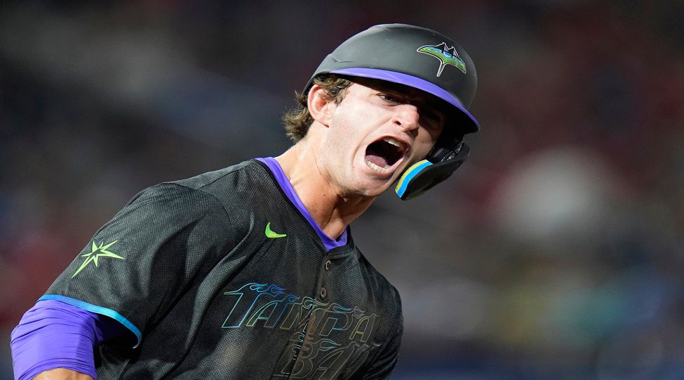 Tampa Bay Rays' Carson Williams reacts after his two-run home run off St. Louis Cardinals pitcher Ryan Fernandez during the seventh inning of a baseball game Friday, Aug. 22, 2025, in Tampa, Fla. (AP Photo/Chris O'Meara)
