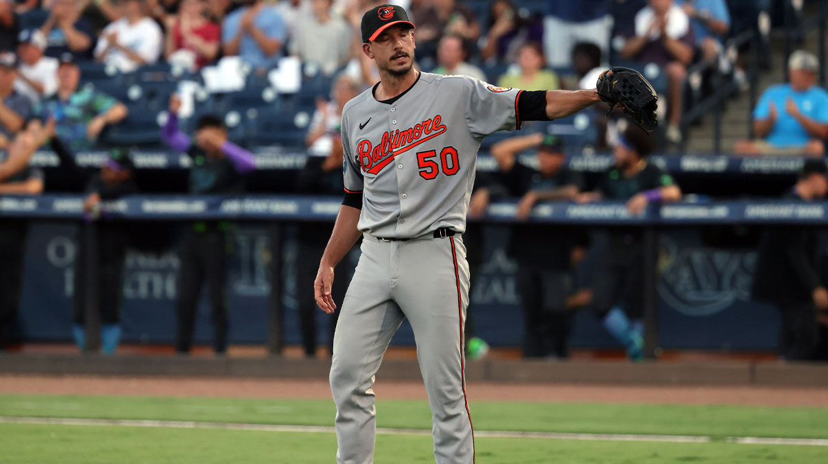 Baltimore Orioles pitcher Charlie Morton (50) reacts after he gave up a home run during the second inning against the Tampa Bay Rays at George M. Steinbrenner Field.