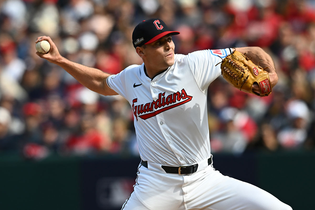 Cleveland Guardians relief pitcher Cade Smith (36) pitches in the third inning against the Detroit Tigers during game five of the ALDS for the 2024 MLB Playoffs at Progressive Field