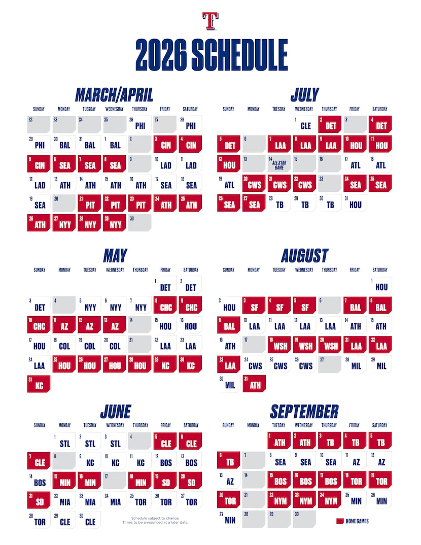 The Texas Rangers' 2026 season schedule.