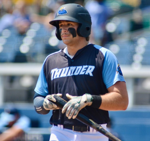 Thunder shortstop Connor Maryniak walks to the plate during an MLB Draft League game. (Kyle Franko/ Trentonian Photo)