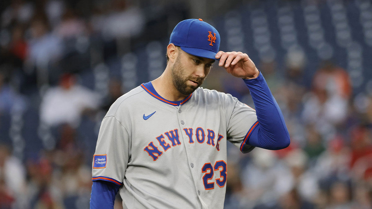 Aug 19, 2025; Washington, District of Columbia, USA; New York Mets starting pitcher David Peterson (23) reacts after the third out against the Washington Nationals during the first inning at Nationals Park. 