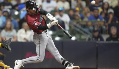 Arizona Diamondbacks' Blaze Alexander hits a two-run home run during the sixth inning of a baseball...