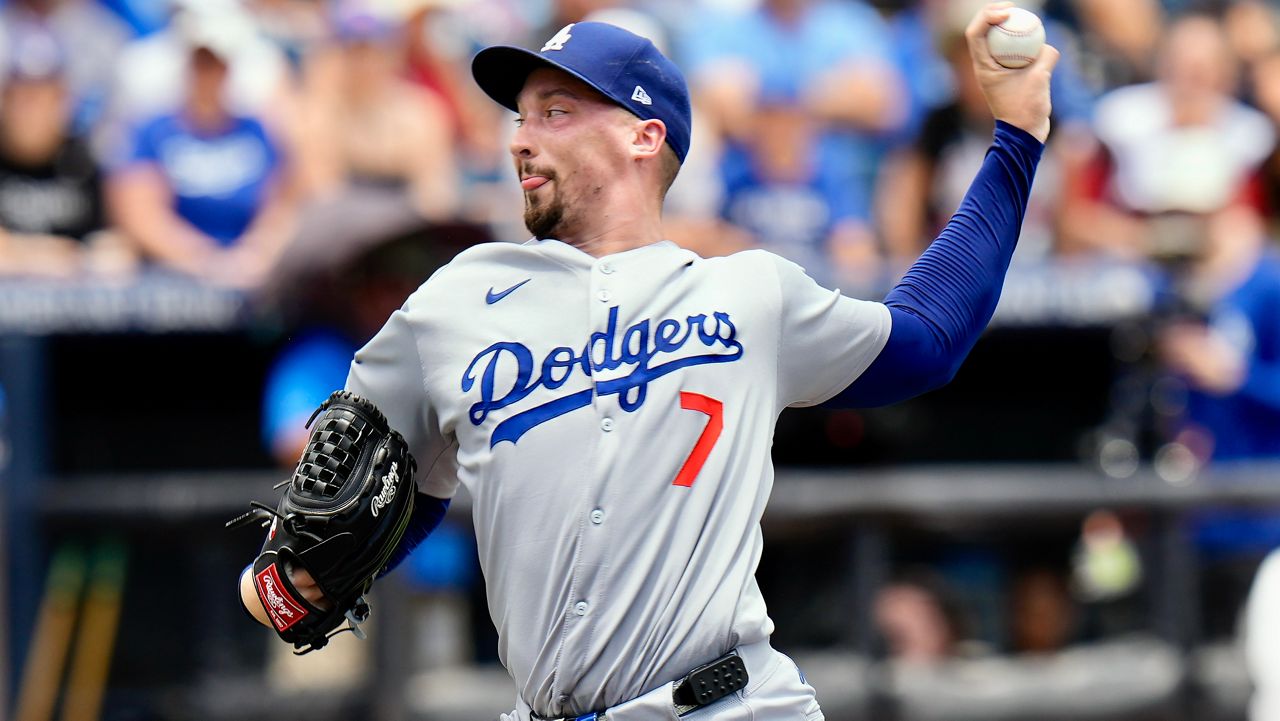 Los Angeles Dodgers pitcher Blake Snell delivers to the Tampa Bay Rays during the first inning of a baseball game Saturday, Aug. 2, 2025, in Tampa, Fla. (AP Photo/Chris O'Meara)