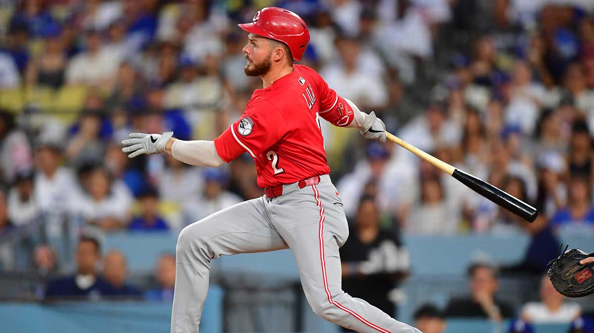 Cincinnati Reds outfielder Gavin Lux (2) hits a double against the Los Angeles Dodgers in the second inning at Dodger Stadium. 