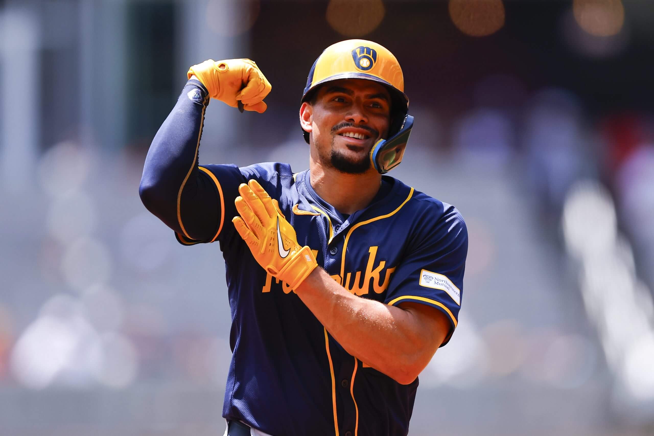 Willy Adames reacts after hitting a solo home run during the third inning against the Atlanta Braves at Truist Park on August 8, 2024.(Photo by Todd Kirkland/Getty Images)